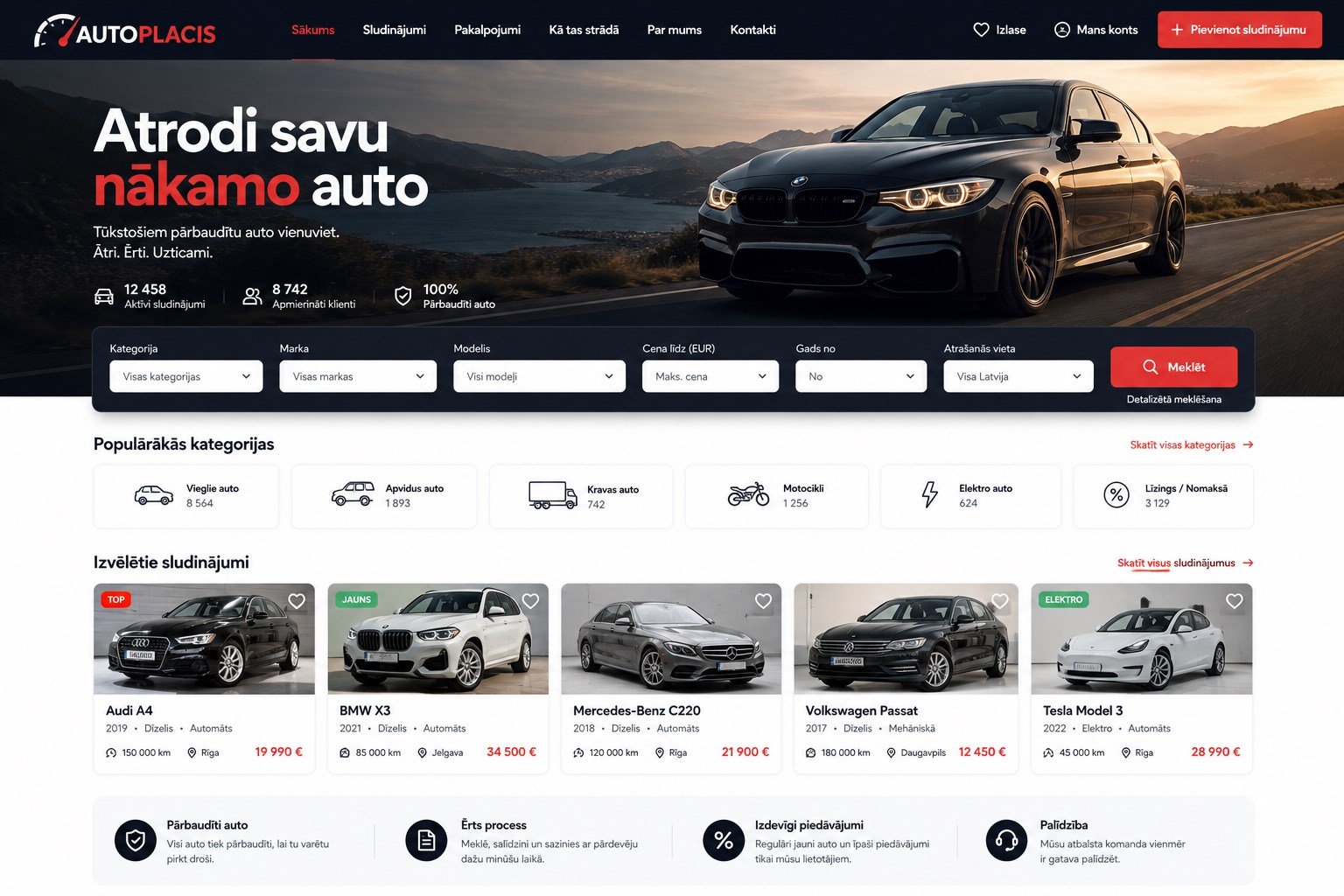 Autoplacis auto sludinājumu portāla sākumskats