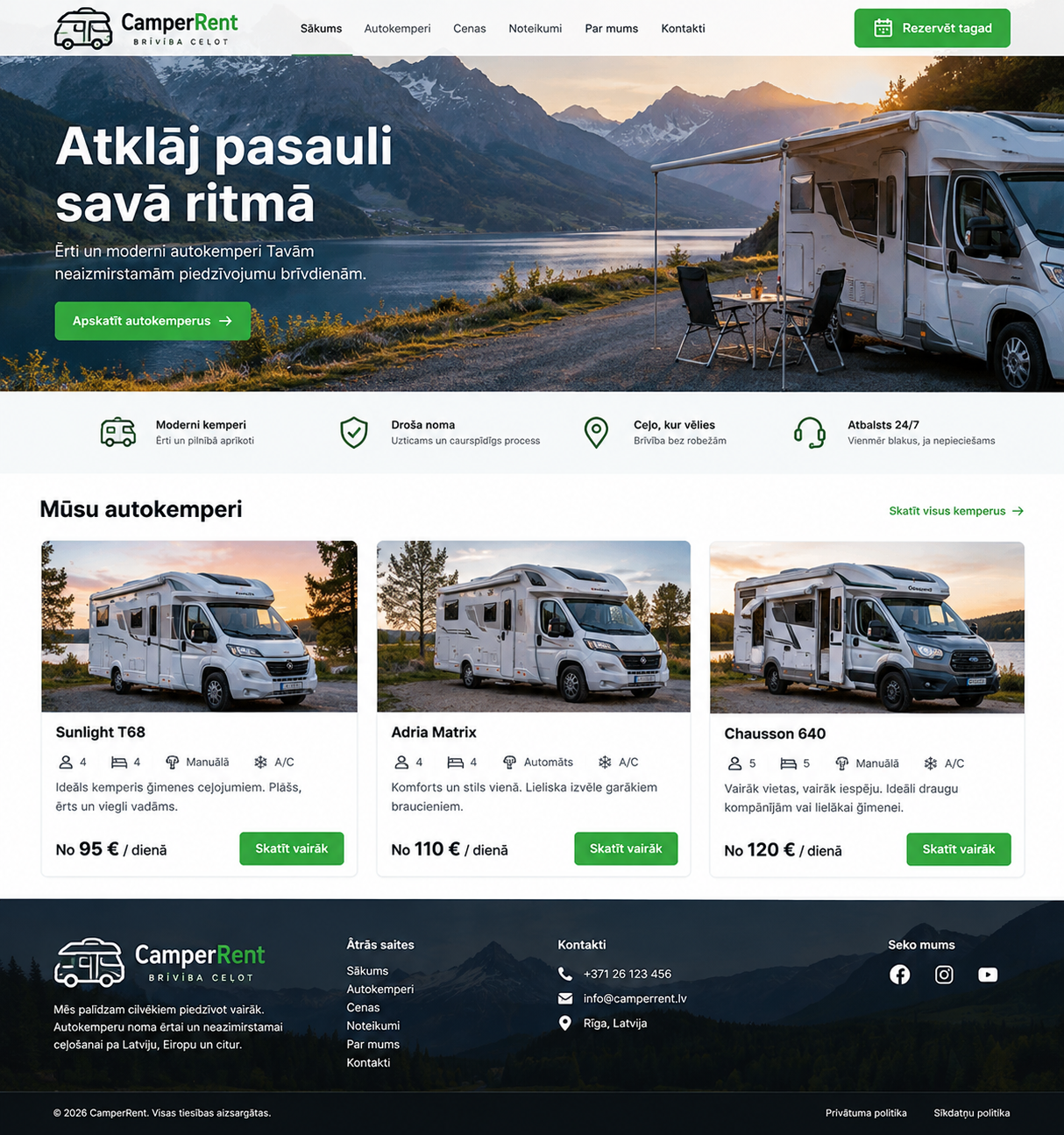 Kemperu nomas mājaslapas sākumskats Alpu ainavā